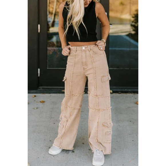 POL Reverse Seamed Relaxed Fit Straight Wide Leg Cargo Jeans in Coffee - Picture 13 of 13